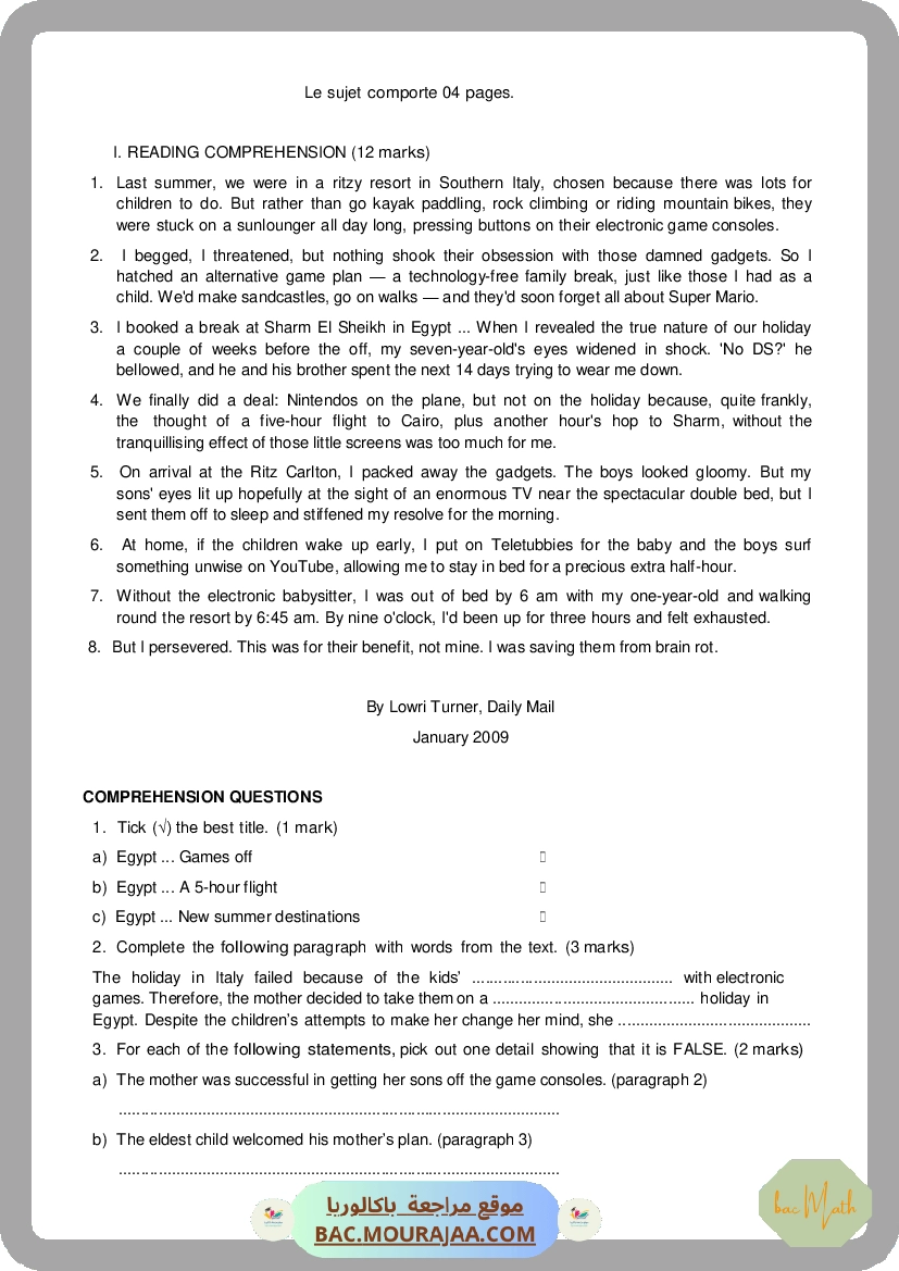 Corrigé controle anglais Bac 2014 – Section math